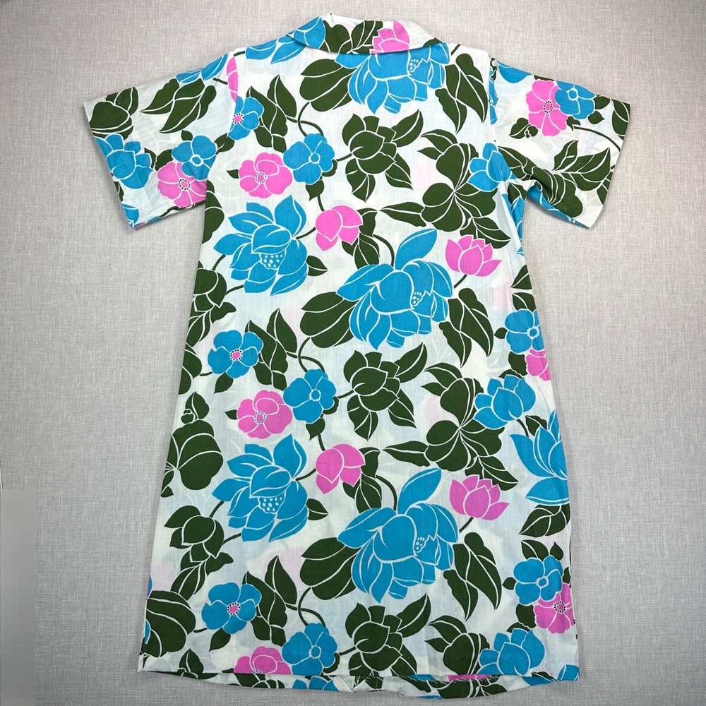 Vtg Retro House Dress Sz 16 Blue Pink Green Floral Muu Muu Duster Smart Time - Picture 5 of 10